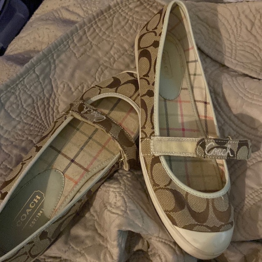Coach Beige & Brown Signature Canvas Mary Jane Flats